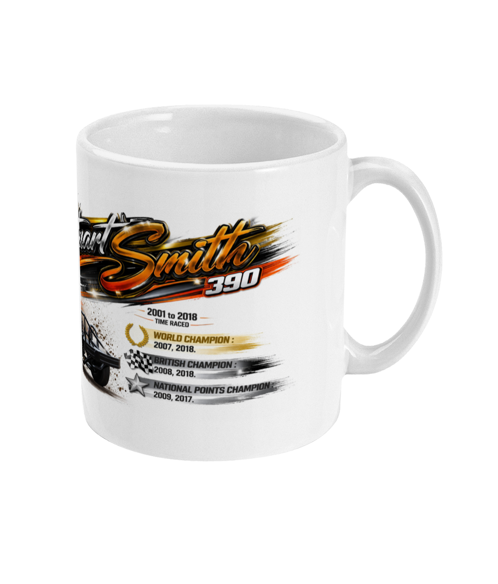 Stuart Smith 390 Brisca F1 stock car mug — side view showing World British and National Points championship titles