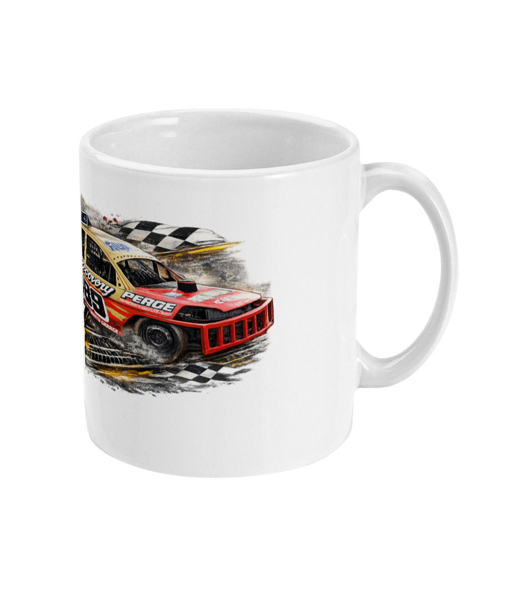 Ryan Santry 389 2L Saloon Stock Car mug — side view showing front of car with Perce livery