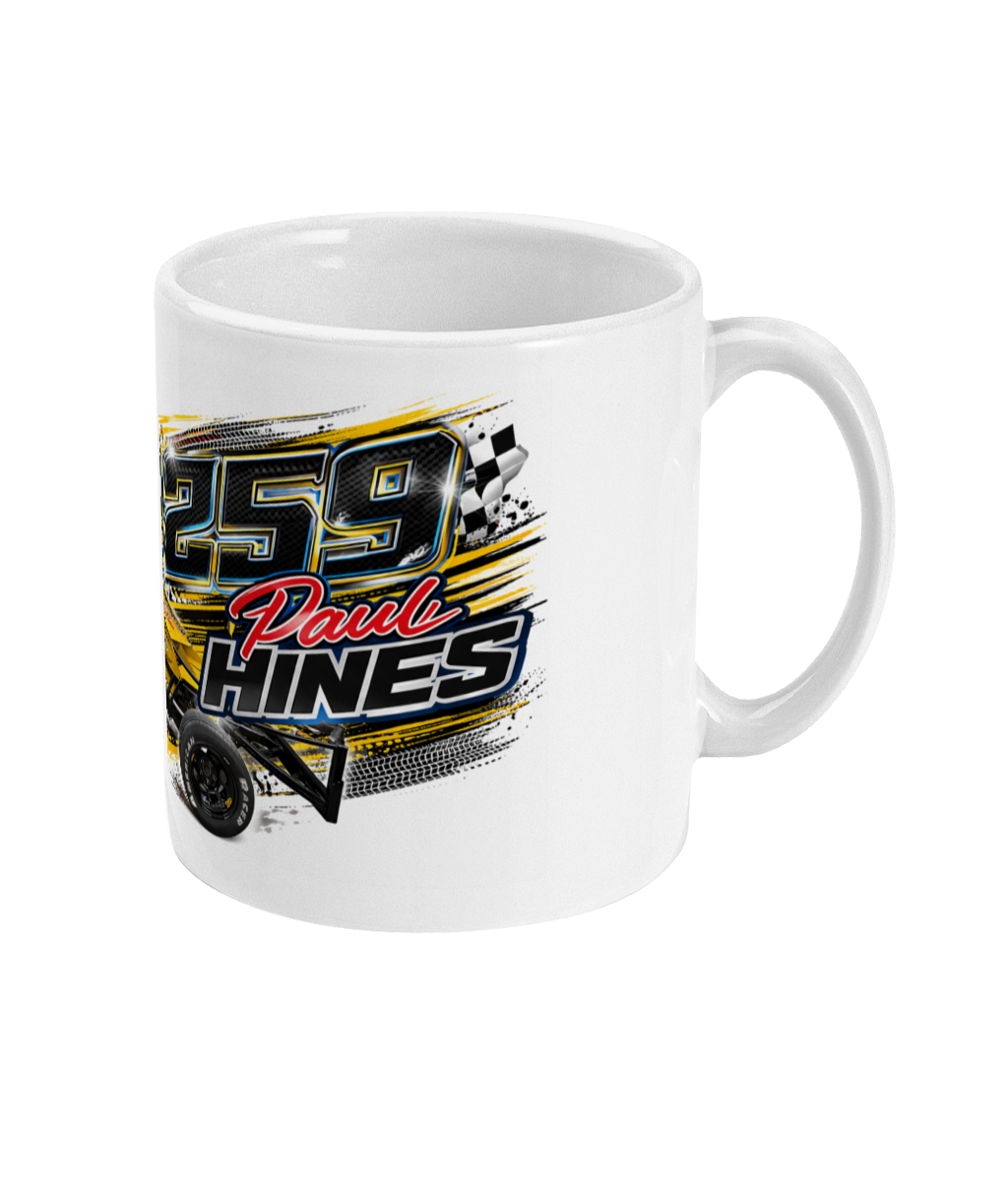 Paul Hines 259 Brisca F1 stock car mug — side view with Paul Hines name and chequered flag design
