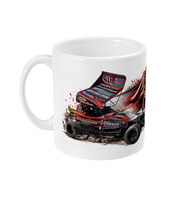 Niels Tesselaar 418 Brisca F1 stock car mug — side view showing dark red car in action on shale