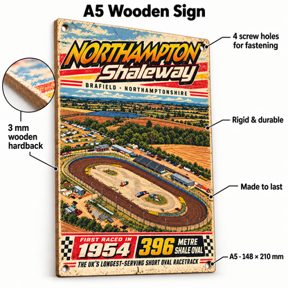 Northampton Shaleway A5 wooden retro sign – 3 mm wooden hardback and four screw holes