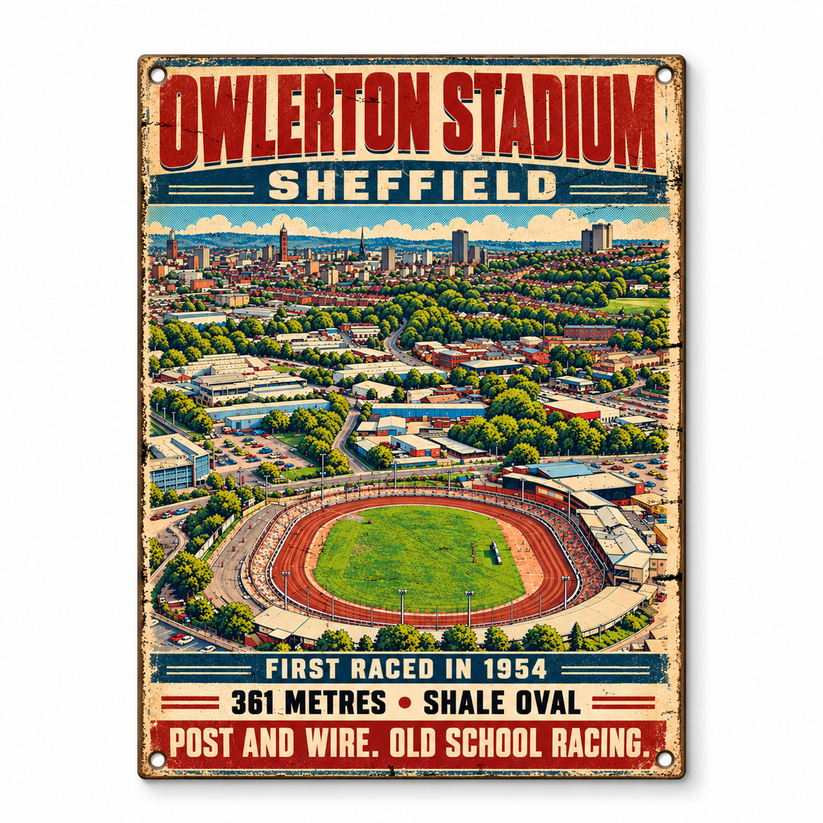 Owlerton Stadium A5 wooden retro sign – front view on white background