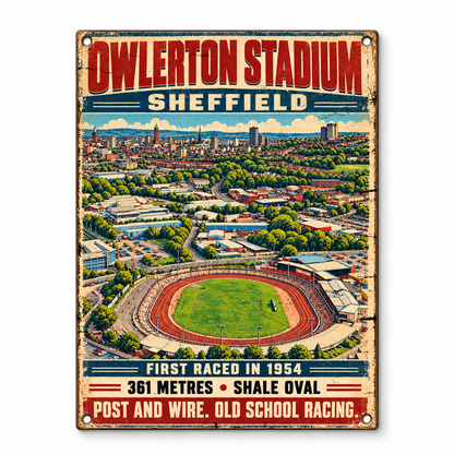 Owlerton Stadium A5 wooden retro sign – front view on white background
