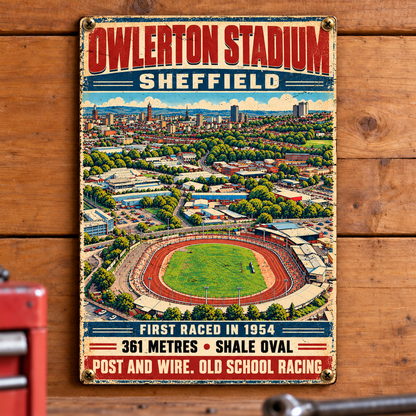 Owlerton Stadium A5 wooden retro sign – mounted on a workshop wall