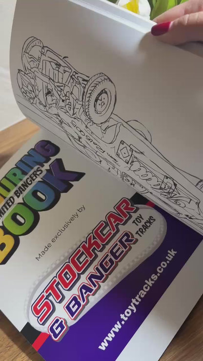 Close-up video of thick 150gsm card stock used in the banger racing colouring book, suitable for pencils and markers