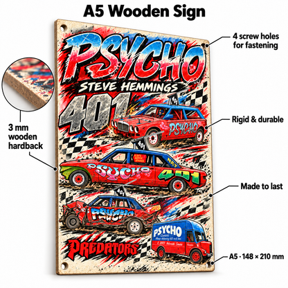 Psycho 401 Steve Hemmings A5 wooden retro sign – 3 mm wooden hardback and four screw holes