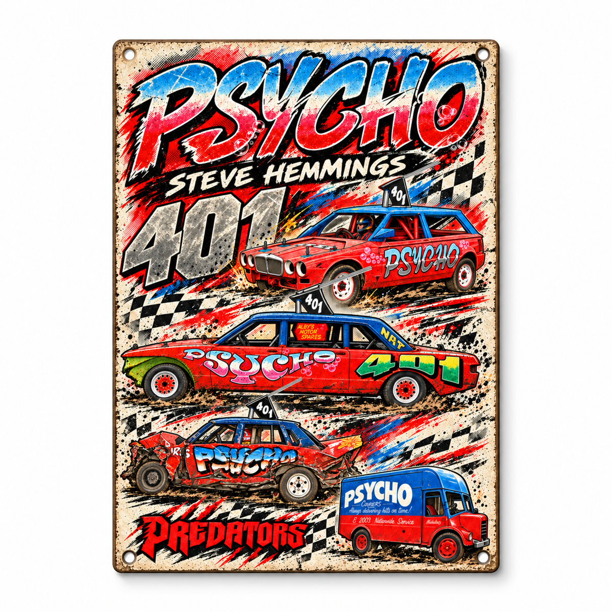 Psycho 401 Steve Hemmings A5 wooden retro sign – front view on white background