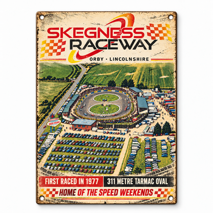 Skegness Raceway A5 wooden retro sign – front view on white background