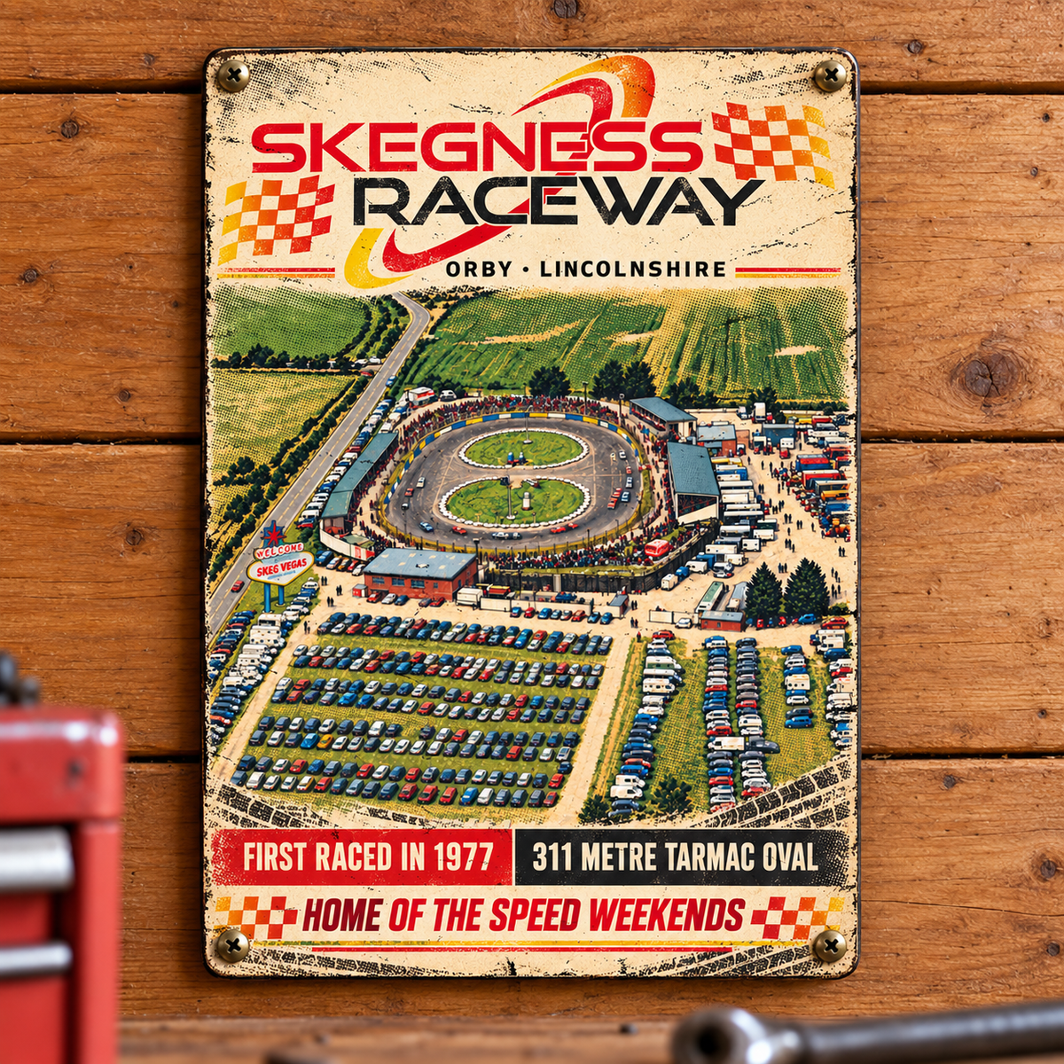 Skegness Raceway A5 wooden retro sign – mounted on a workshop wall
