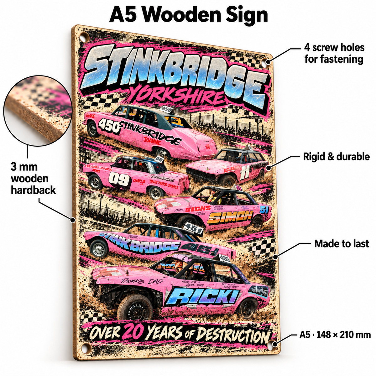 Stinkbridge A5 wooden retro sign – 3 mm wooden hardback and four screw holes