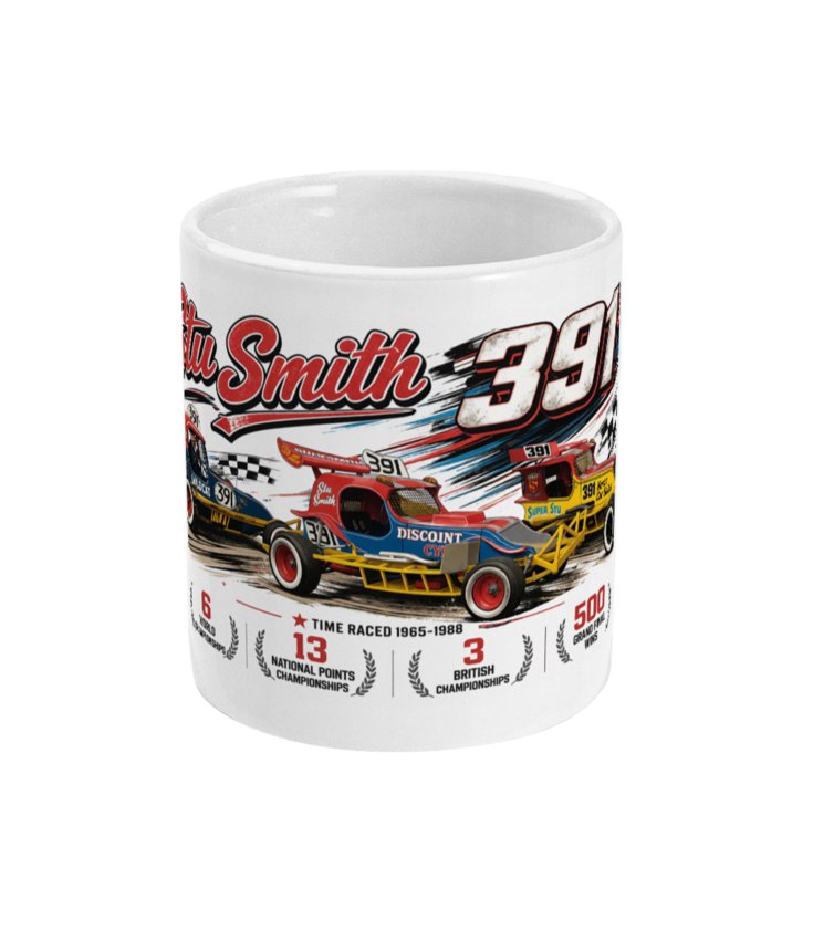 Stu Smith 391 Super Stu Brisca F1 legend heritage mug — front view showing multiple iconic cars and career stats 1965 to 1988