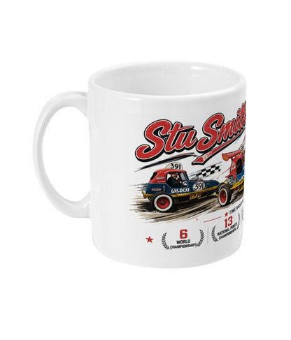 Stu Smith 391 Super Stu Brisca F1 legend heritage mug — side view with Wildcat car and 6 World Championships stat