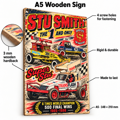 Stu Smith A5 wooden retro sign – 3 mm wooden hardback and four screw holes