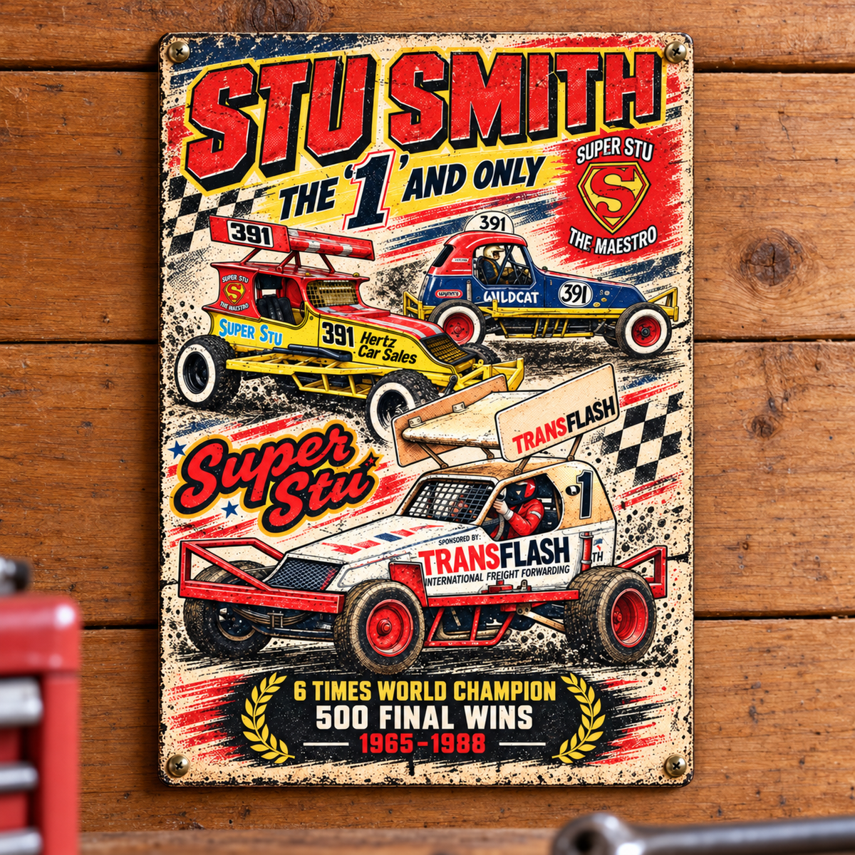 Stu Smith A5 wooden retro sign – mounted on a workshop wall