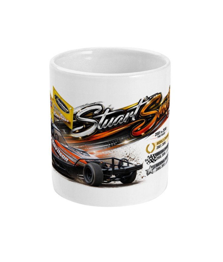 Stuart Smith 390 Brisca F1 stock car mug — front view with Stuart Smith name and car in action