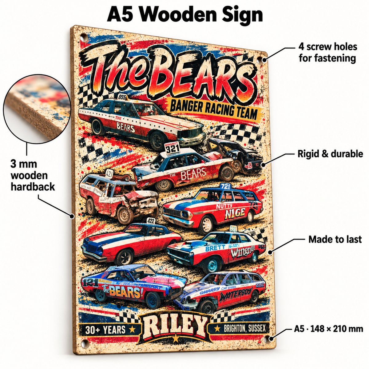 The Bears A5 sign showing its 3 mm wooden hardback and four screw holes