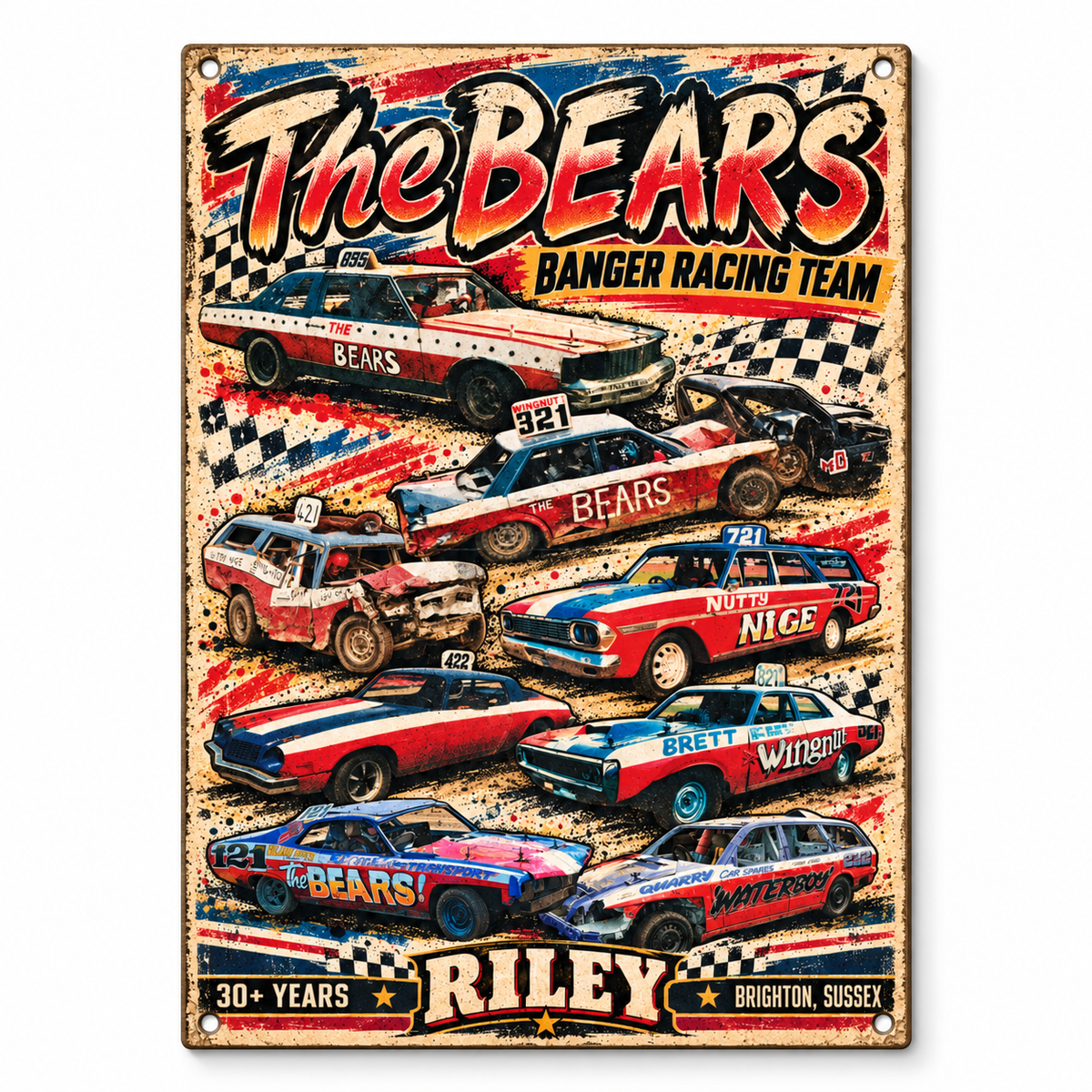 The Bears A5 wooden retro banger racing sign, front view on white background