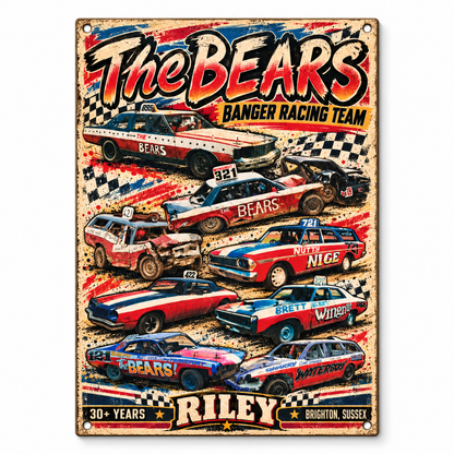 The Bears A5 wooden retro banger racing sign, front view on white background