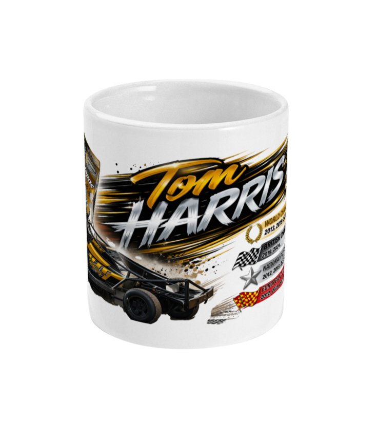 Tom Harris number 1 Brisca F1 World Champion stock car mug — front view with Tom Harris name and car in action