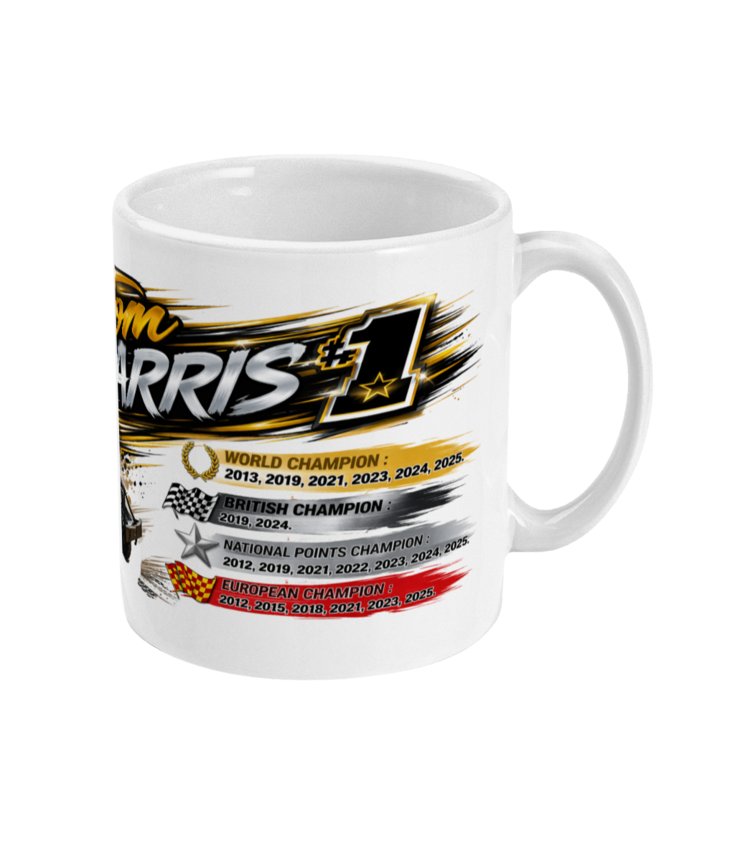 Tom Harris number 1 Brisca F1 stock car mug — side view showing World British National Points and European championship titles
