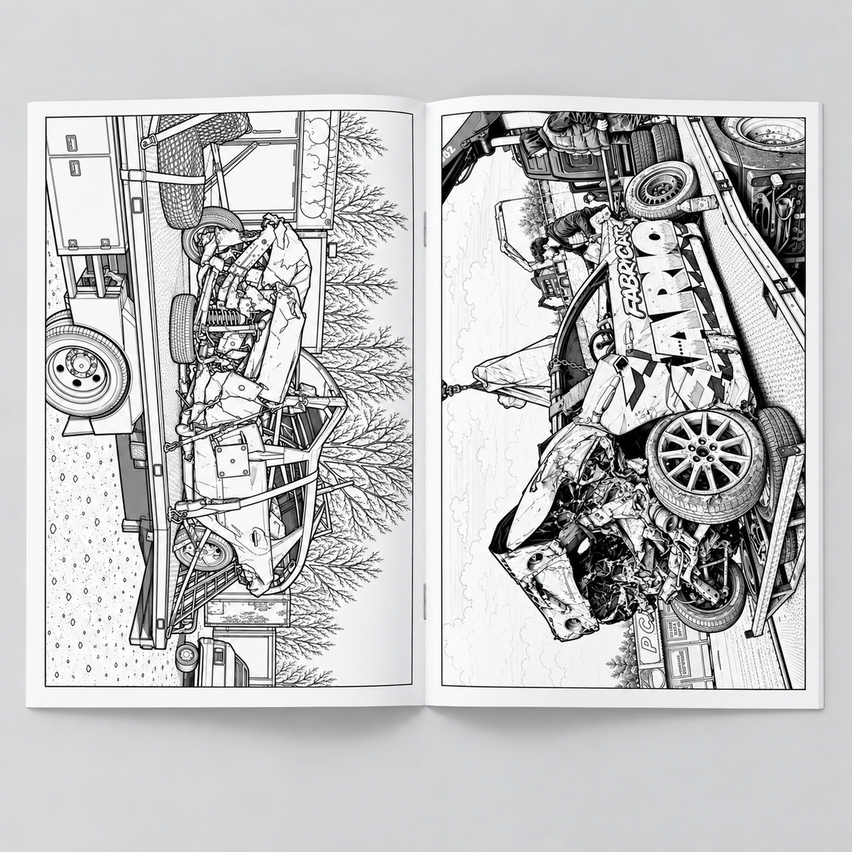 Unlimited Banger Colouring Book Volume 2 open booklet showing damaged bangers on transporters colouring pages