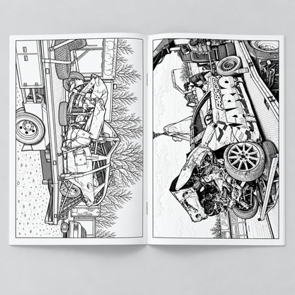 Unlimited Banger Colouring Book Volume 2 open booklet showing damaged bangers on transporters colouring pages