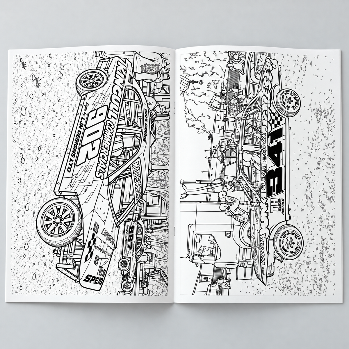 Unlimited Banger Colouring Book Volume 2 open booklet showing cars 902 and 341 colouring pages