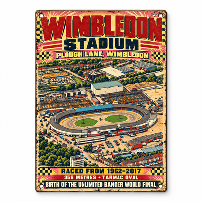 Wimbledon Stadium A5 wooden retro sign – front view on white background
